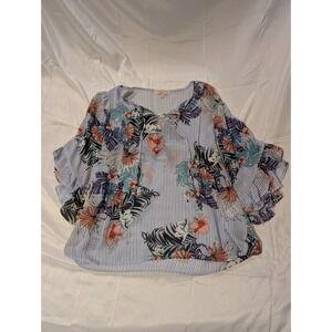 Harlow & Rose Woman 1X Plus Size Blue Stripe Floral Flutter Sleeve Top